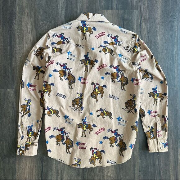 Vtg Pearl Snap Wrangler Button Up Kids Sz XL Rodeo Bronco Western Cowboy Graphic - Picture 3 of 5